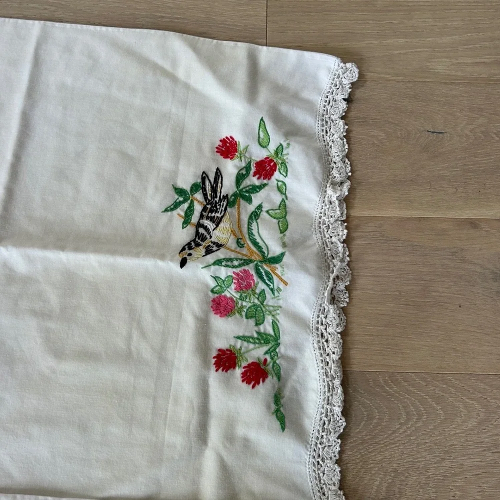 (3) Vintage Hand Embroidered Pillowcase Set Bird Floral Rose Crochet Trim White